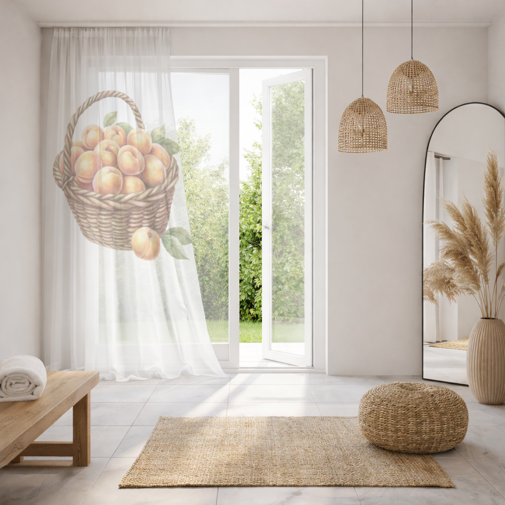 Fresh Peaches in Wicker Basket Sheer Curtain