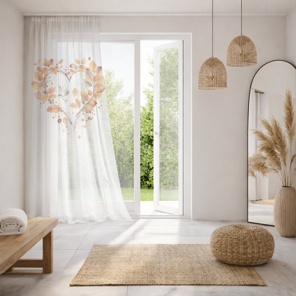 Orange Autumn Leaves Heart Sheer Curtain