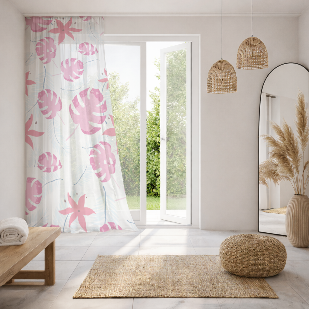 Pink Monstera and Tropical Lily Sheer Curtain