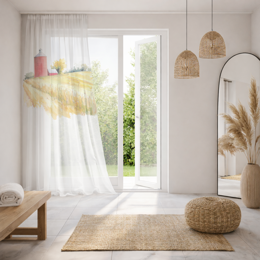 Kırmızı Silo ve Altın Buğday Tarlası Tül Perde