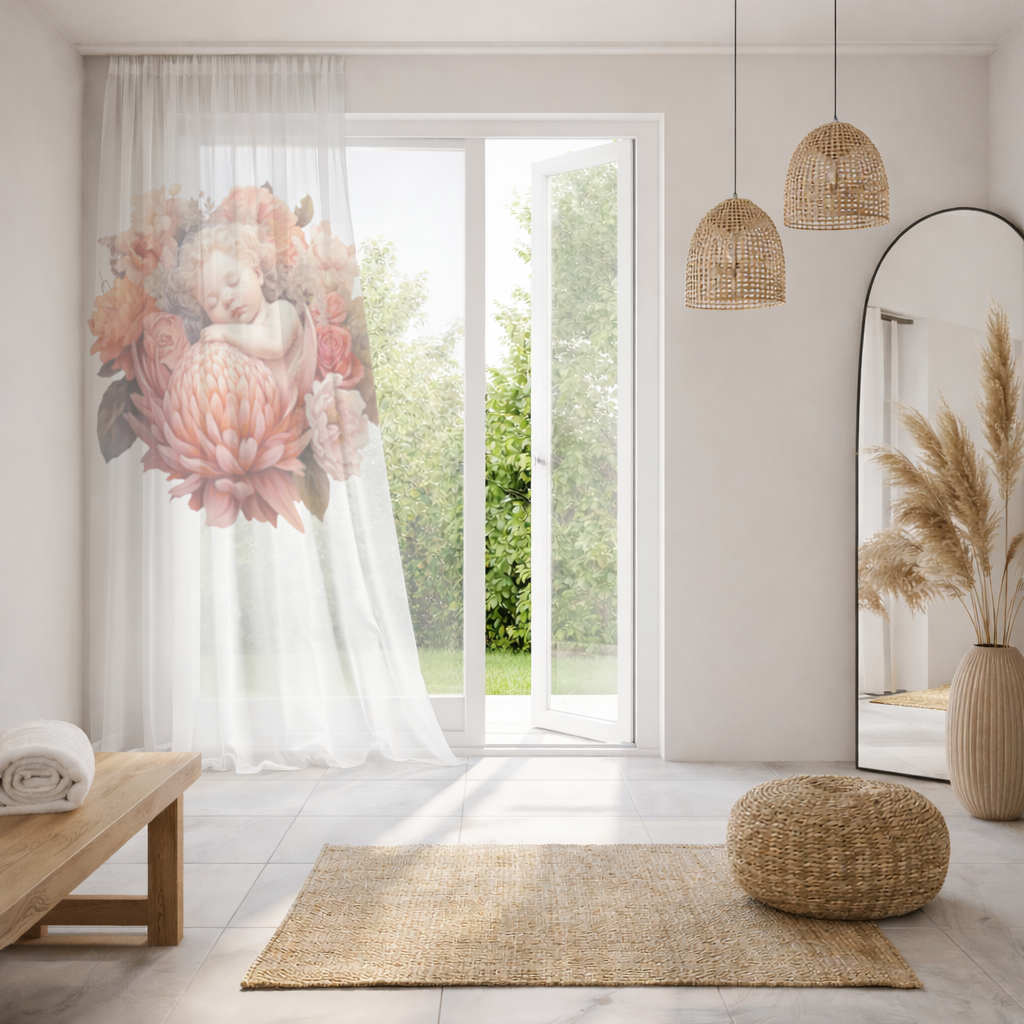 Çiçekler İçinde Uyuyan Masalsı Bebek Tül Perde