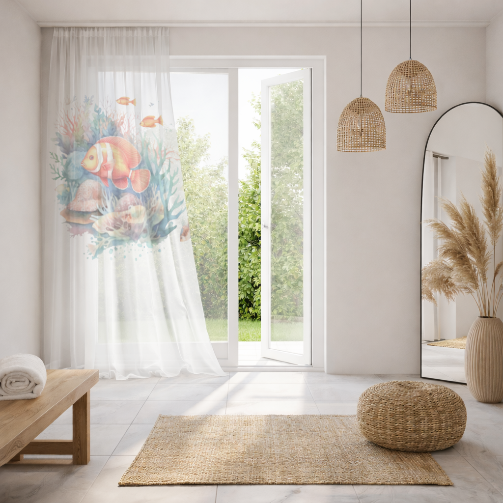 Renkli Mercan Resifi ve Turuncu Balıklar Tül Perde