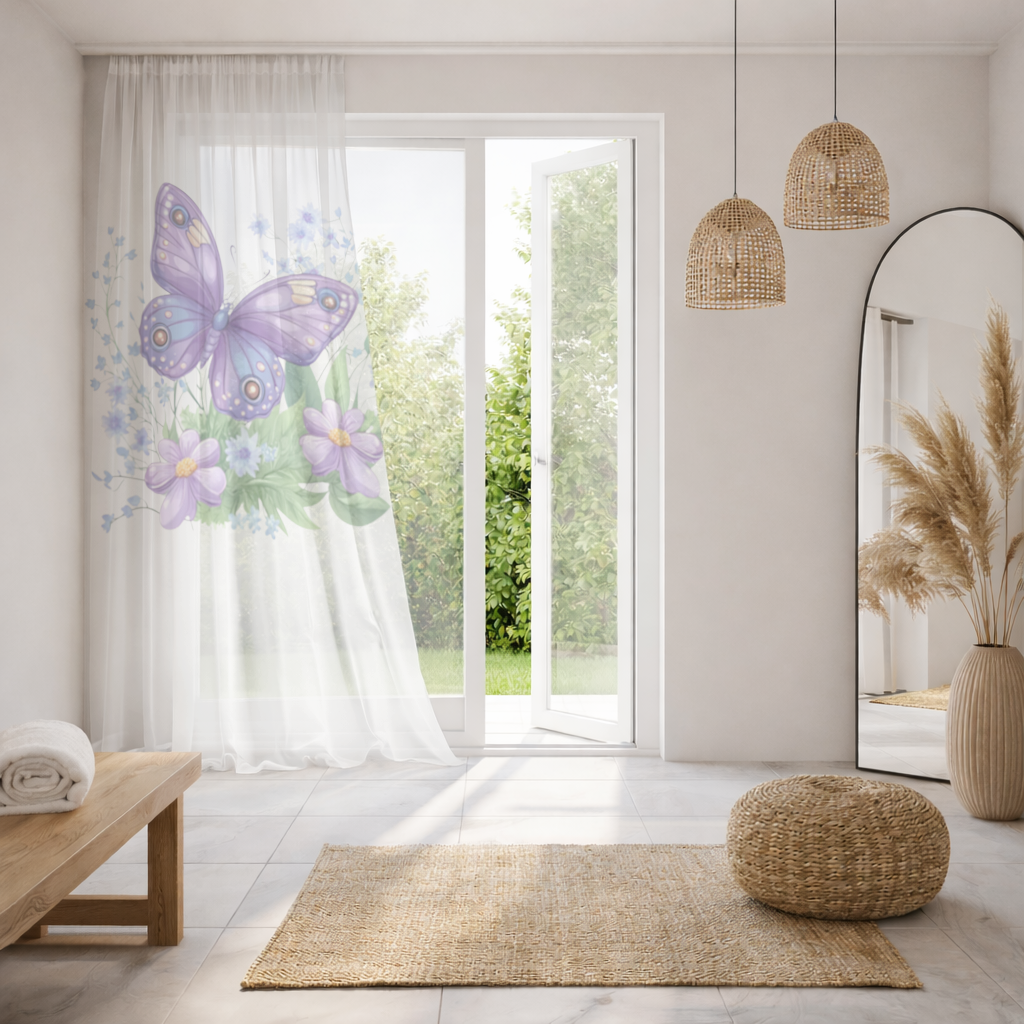 Mor Kelebek ve Mavi Kır Çiçekleri Tül Perde