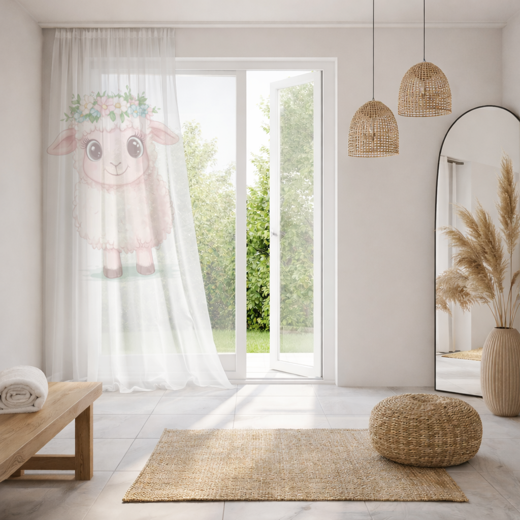 Kawaii Çiçek Taçlı Pembe Kuzu Tül Perde