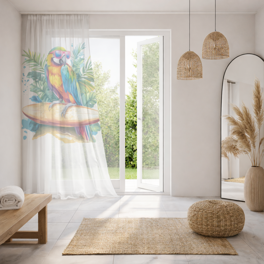 Sörf Yapan Güneş Gözlüklü Papağan Tül Perde