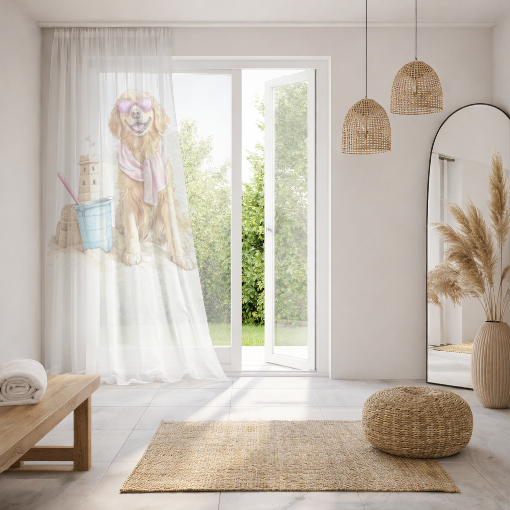 Plajda Pembe Gözlüklü Golden Retriever Tül Perde