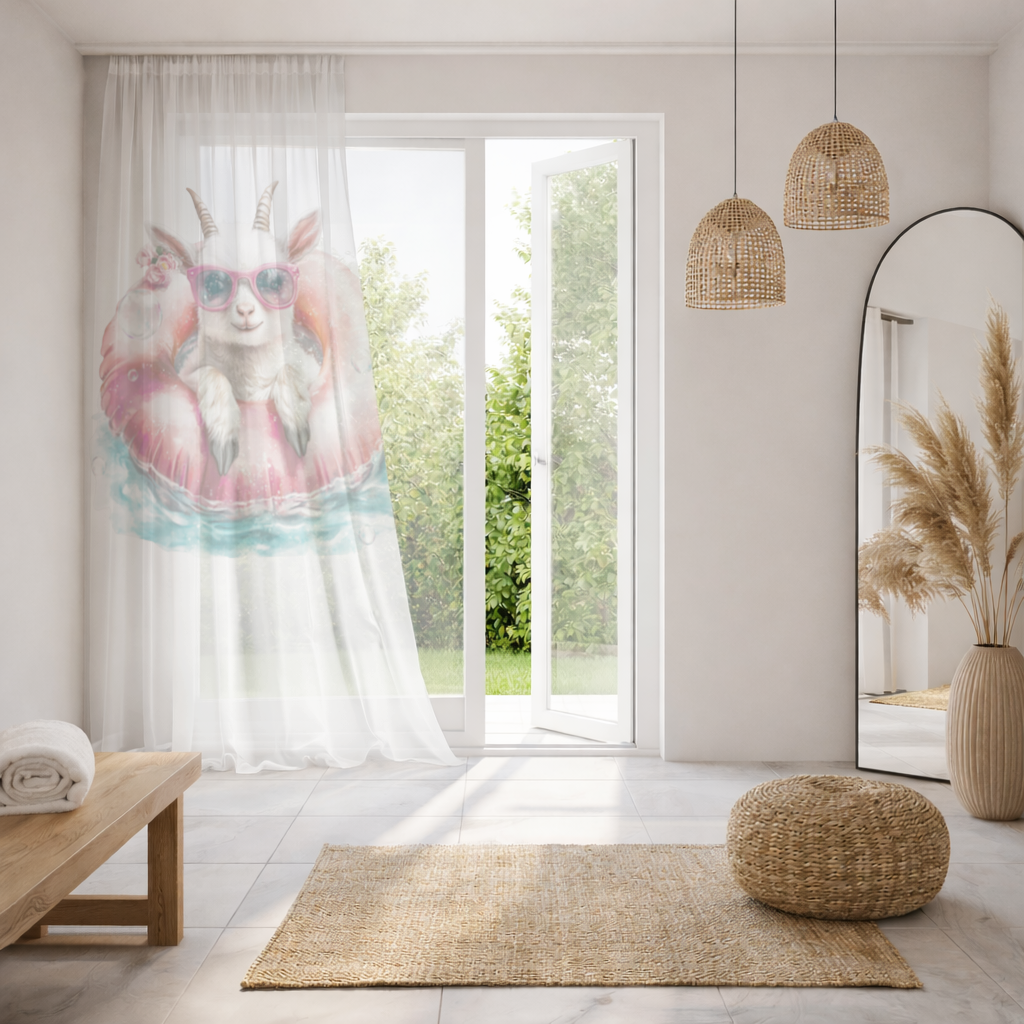 Baby Goat in Pink Pool Ring Sheer Curtain