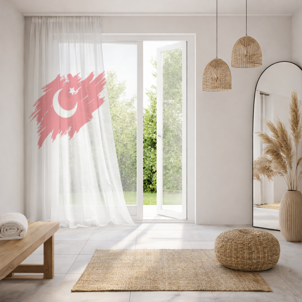 Fırça Darbeli Ay Yıldız Türkiye Bayrağı Tül Perde