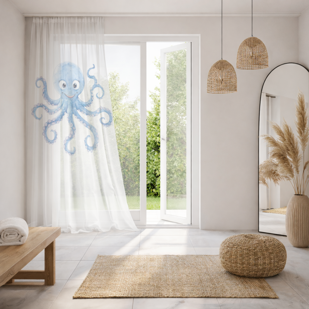 Cute Blue Watercolor Octopus Sheer Curtain