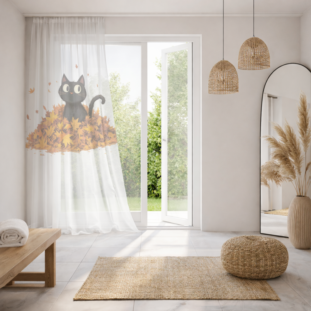 Sonbahar Yapraklarında Sevimli Siyah Kedi Tül Perde