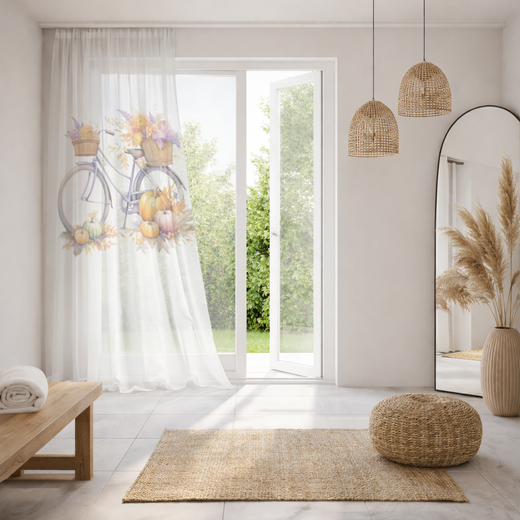 Lavender Autumn Bicycle with Pumpkins Sheer Curtain