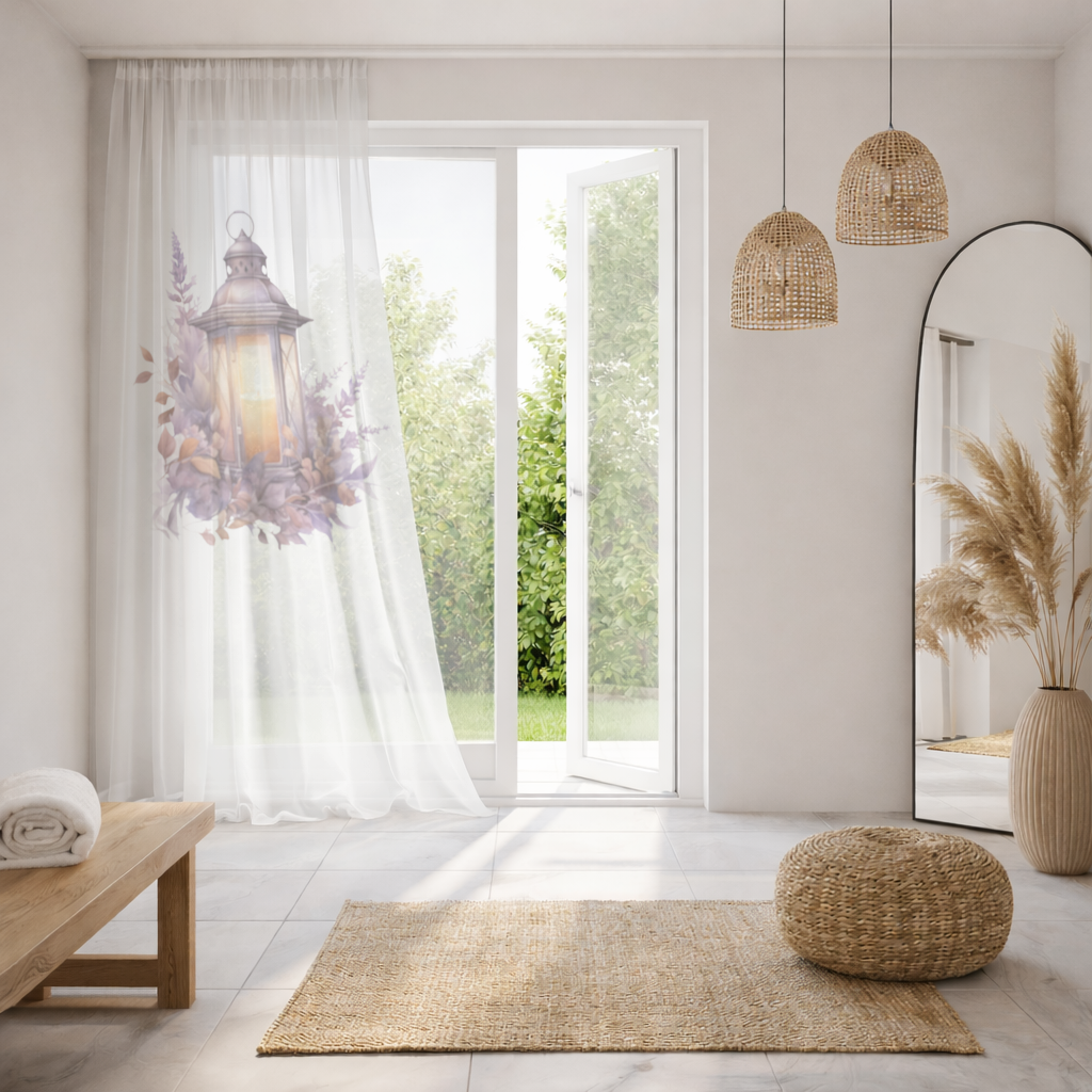 Lavanta ve Güz Yapraklı Antika Fener Tül Perde