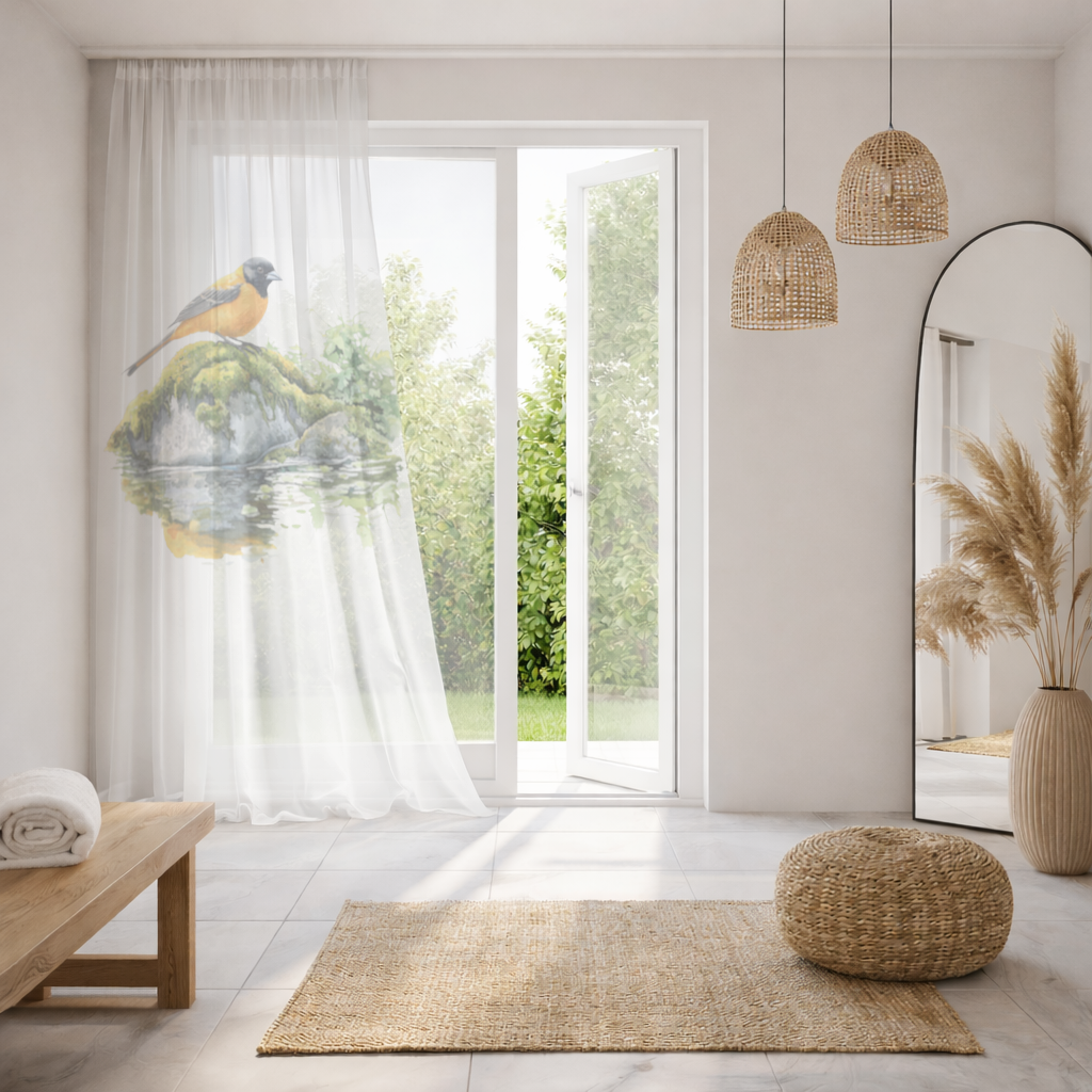 Turuncu Siyah Baltimore Oriole Kuşu Tül Perde