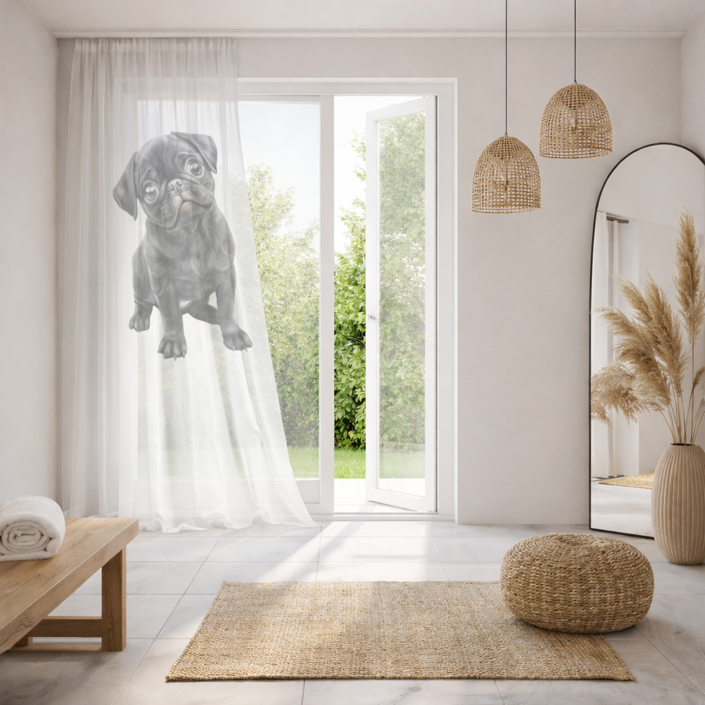 Innocent Black Pug Puppy Sheer Curtain