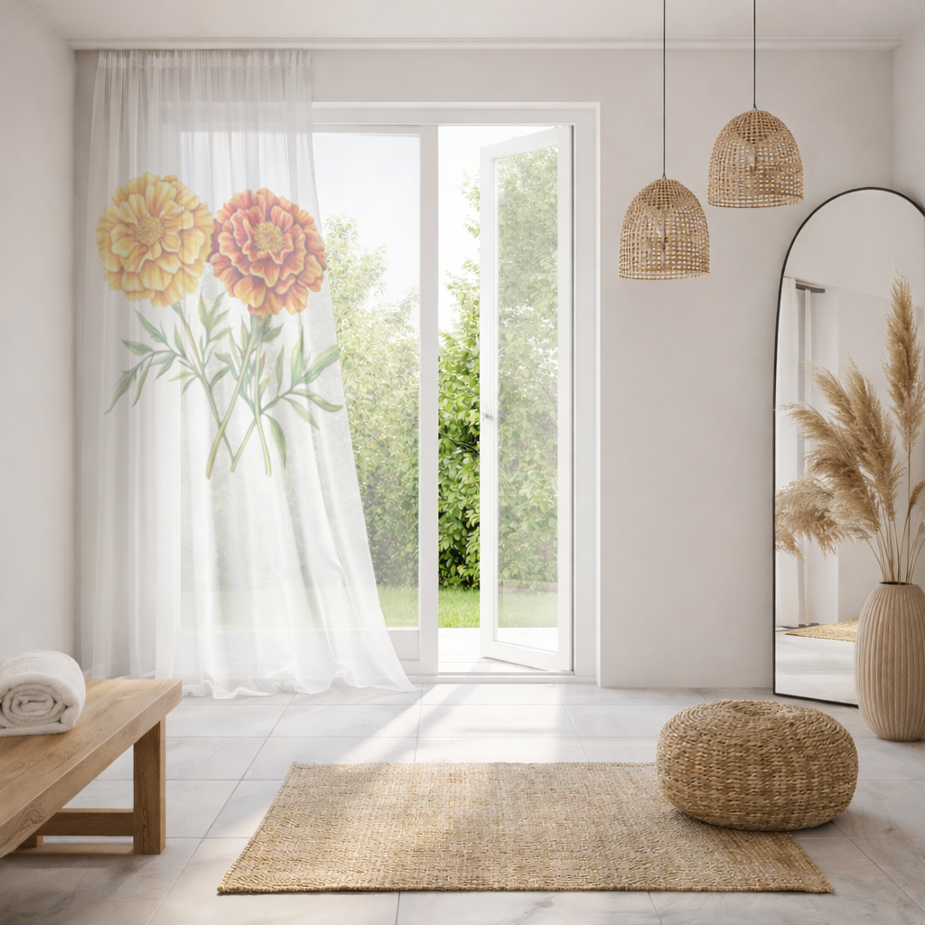 Botanical Yellow Orange Marigold Sheer Curtain