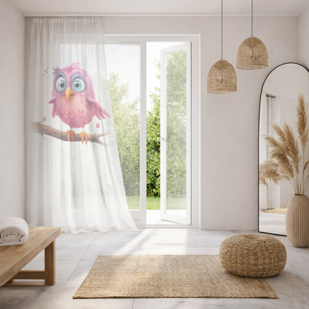Cute Pink Bird with Large Blue Eyes Sheer Curtain