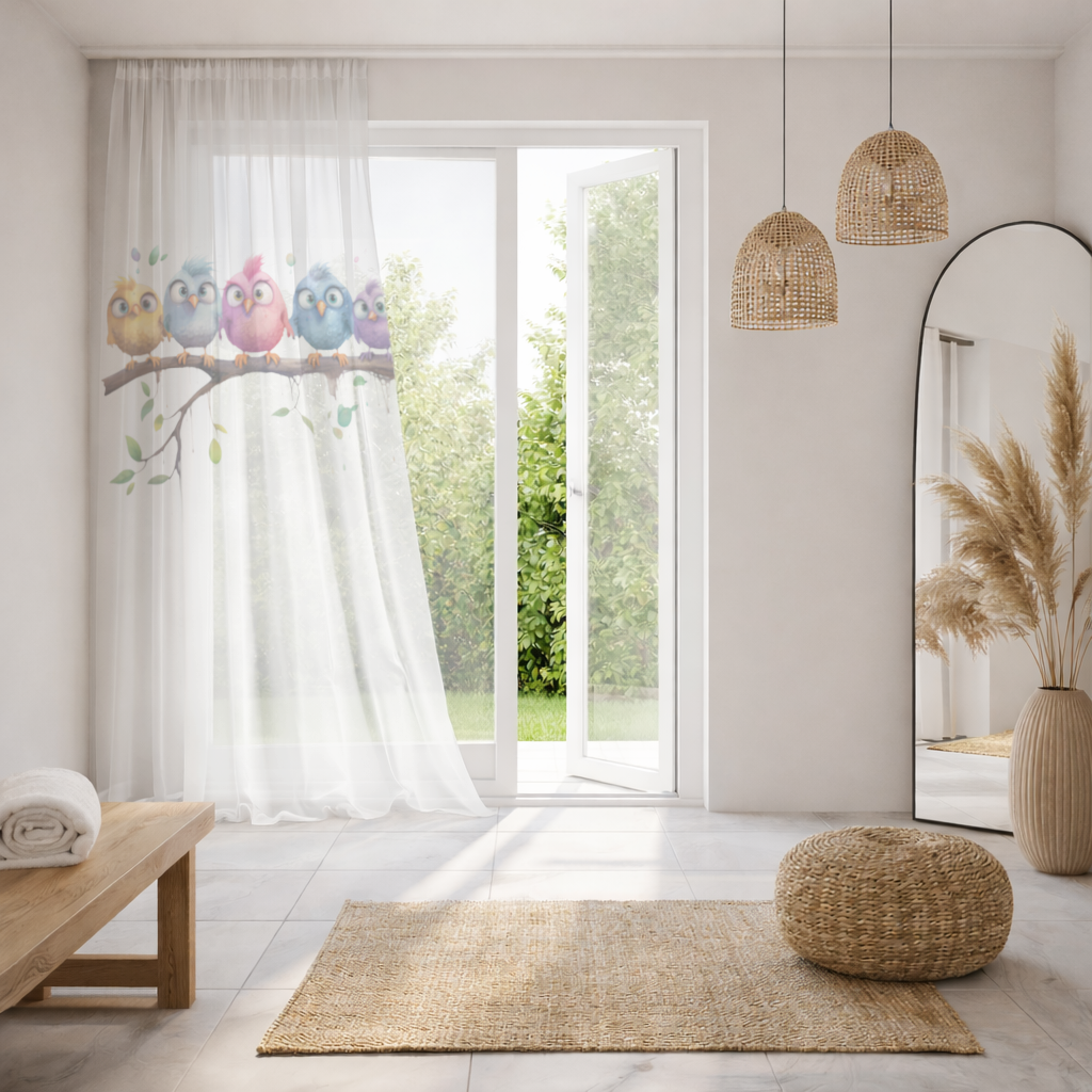 Five Colorful Kawaii Birds on Branch Sheer Curtain