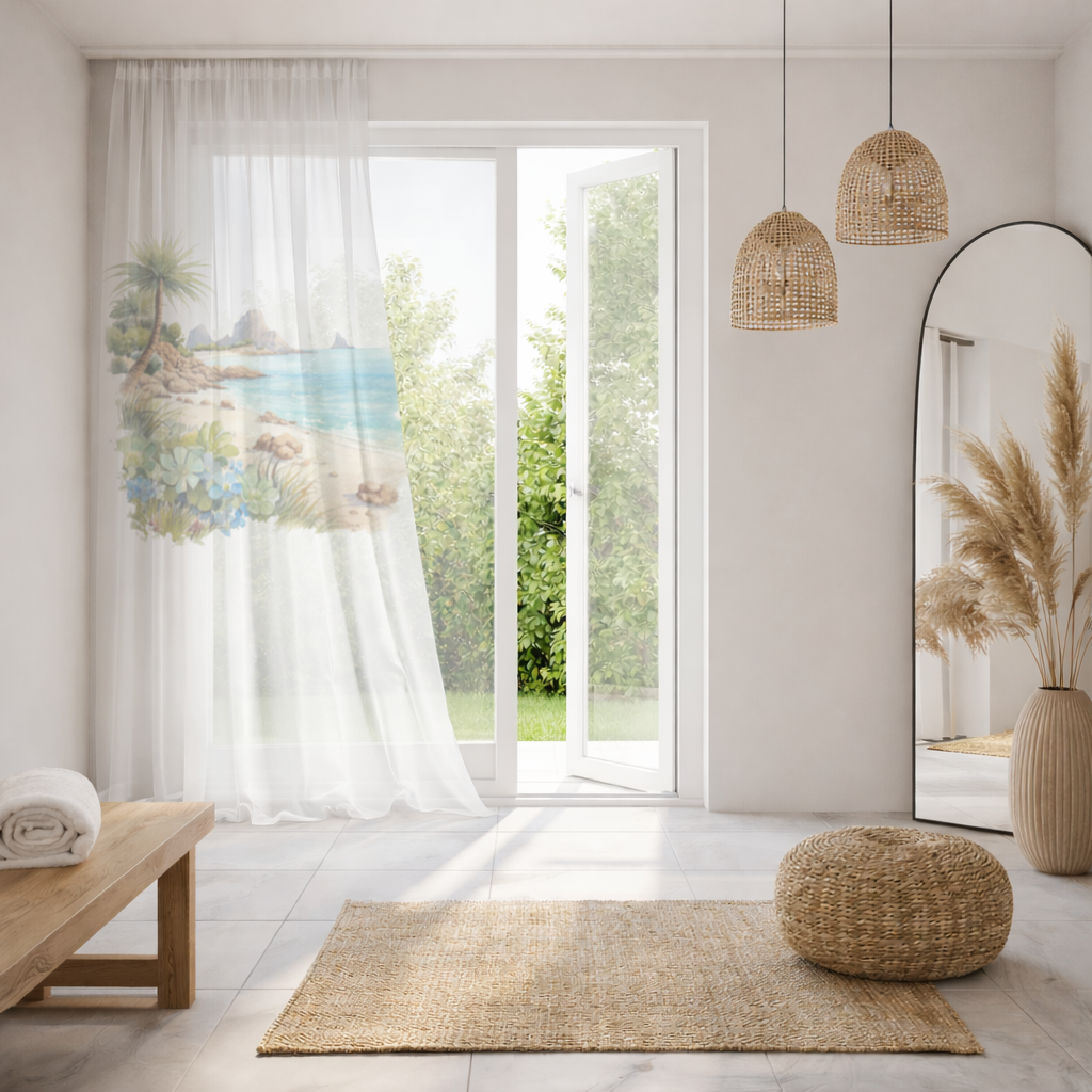 Tropical Palm Tree and Turquoise Sea Sheer Curtain