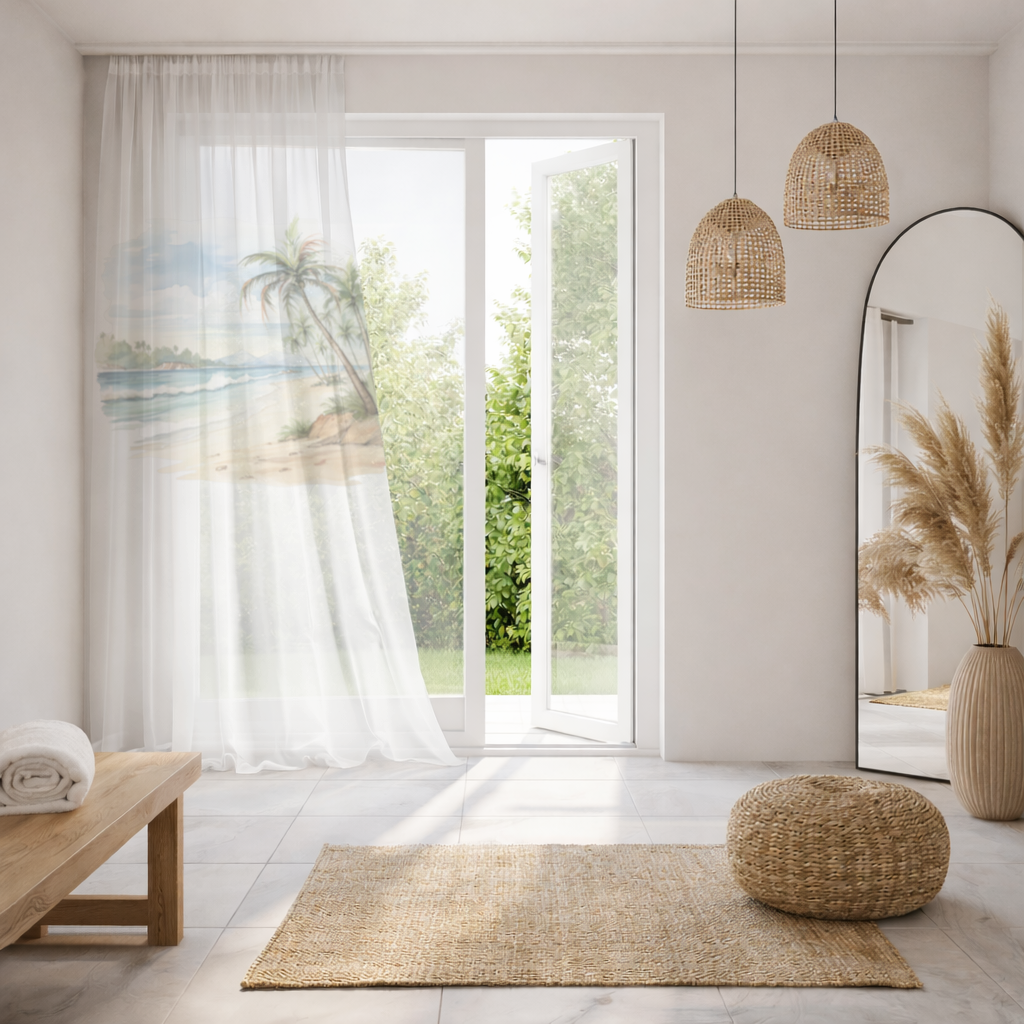 Tropical Palm Tree Beach Sheer Curtain
