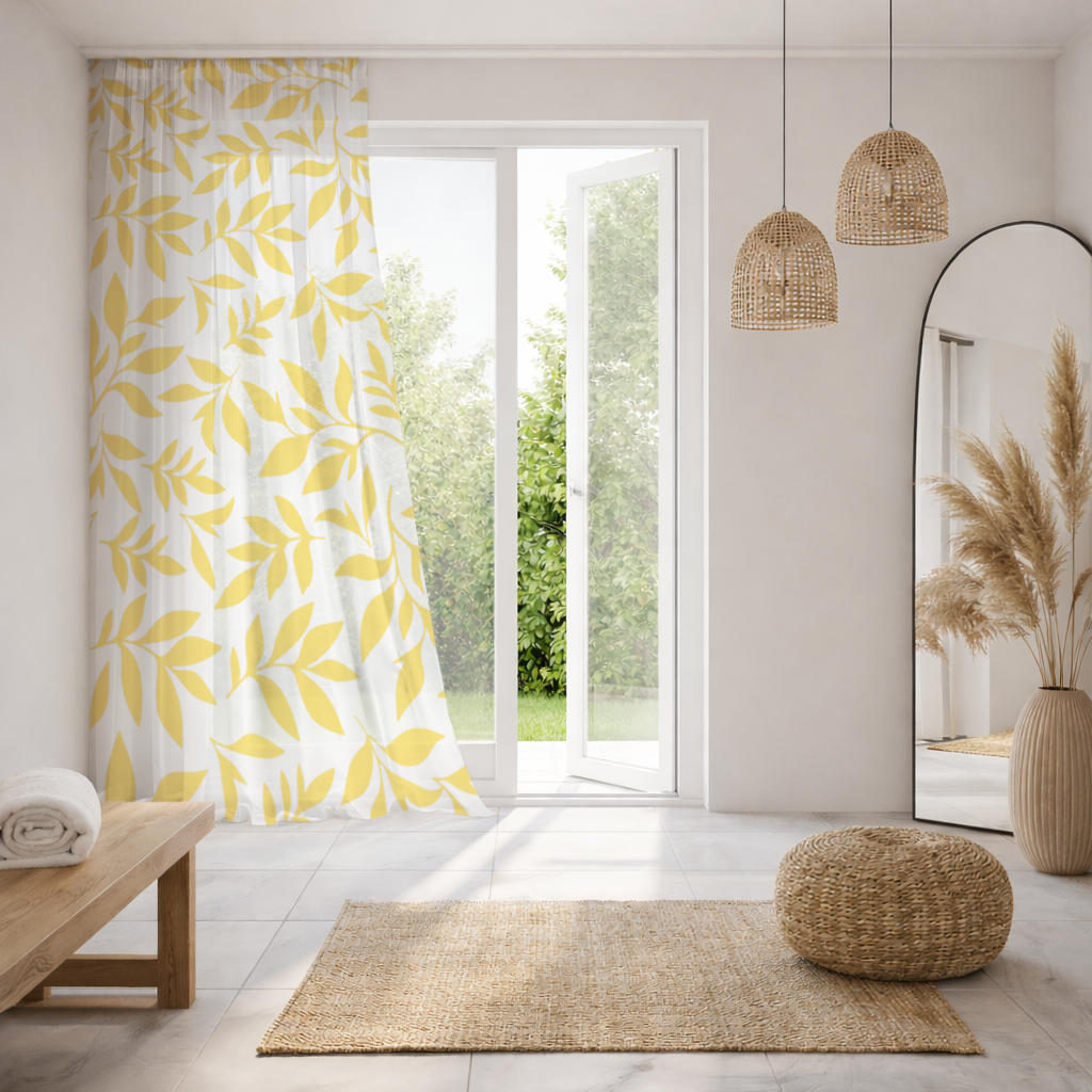 Mustard Yellow Botanical Leaves Sheer Curtain