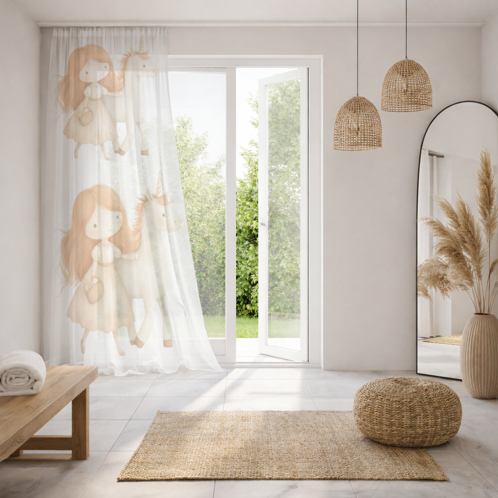 Ginger Girl with Whimsical White Unicorn Sheer Curtain