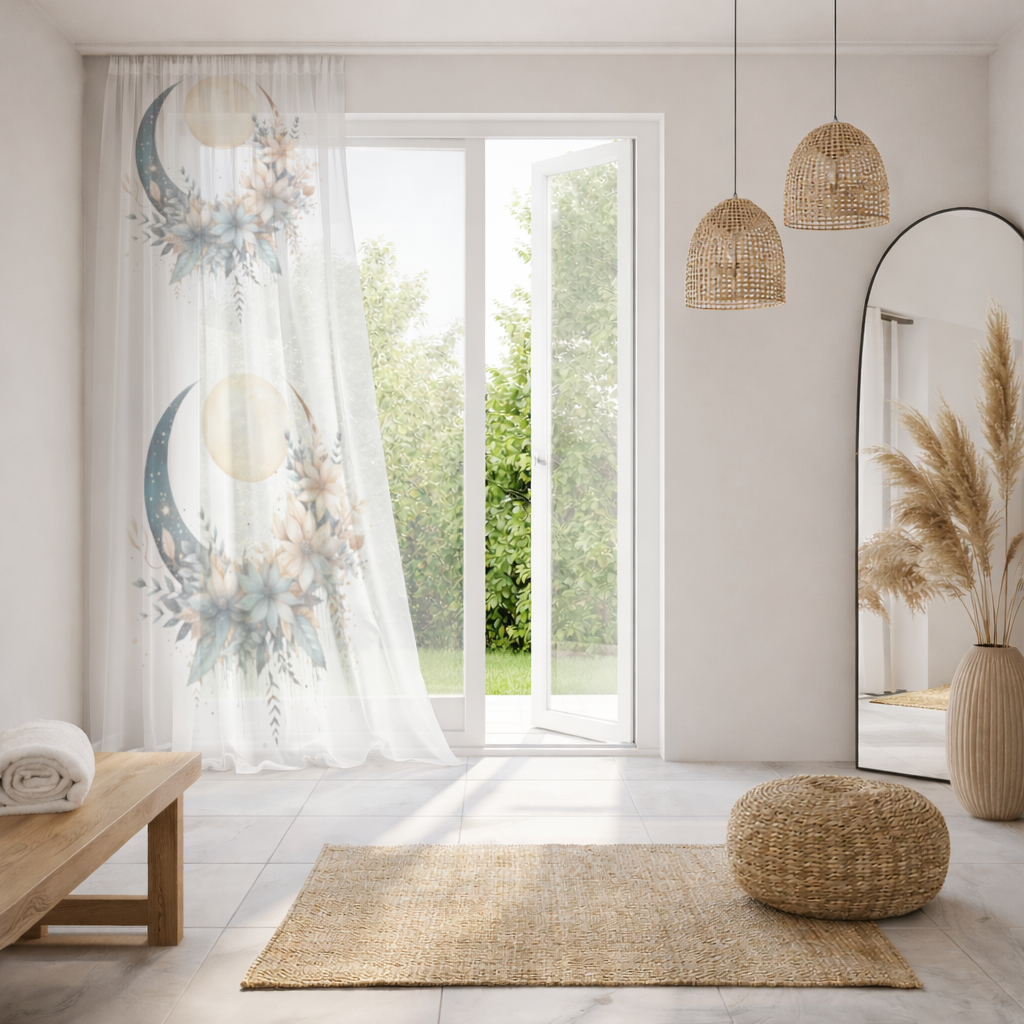 Boho Ay ve Botanik Çiçekler Tül Perde