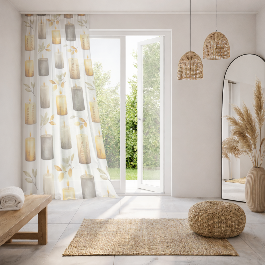 Warm Neutral Autumn Candles and Leaves Sheer Curtain