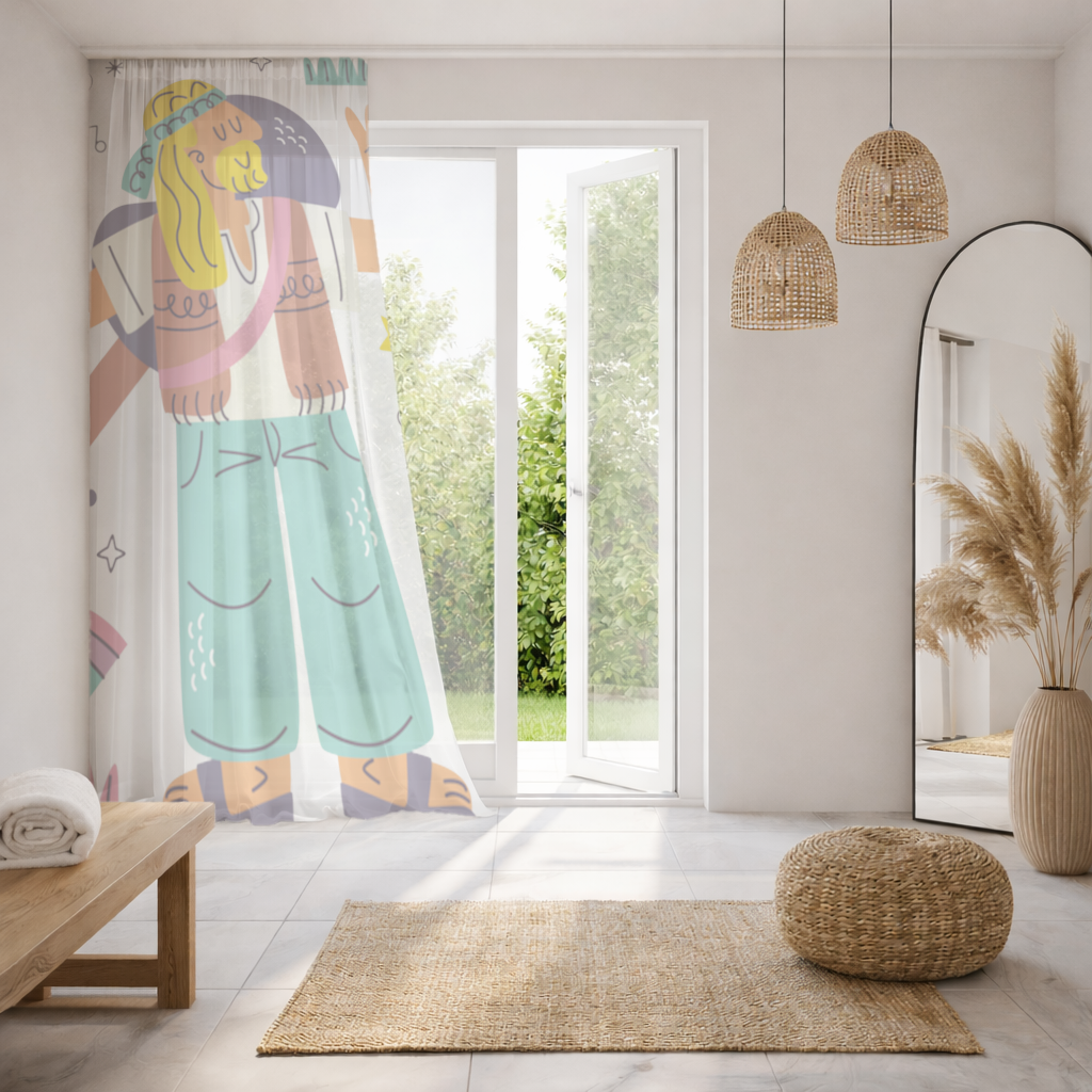 Retro Hippie Character Sheer Curtain