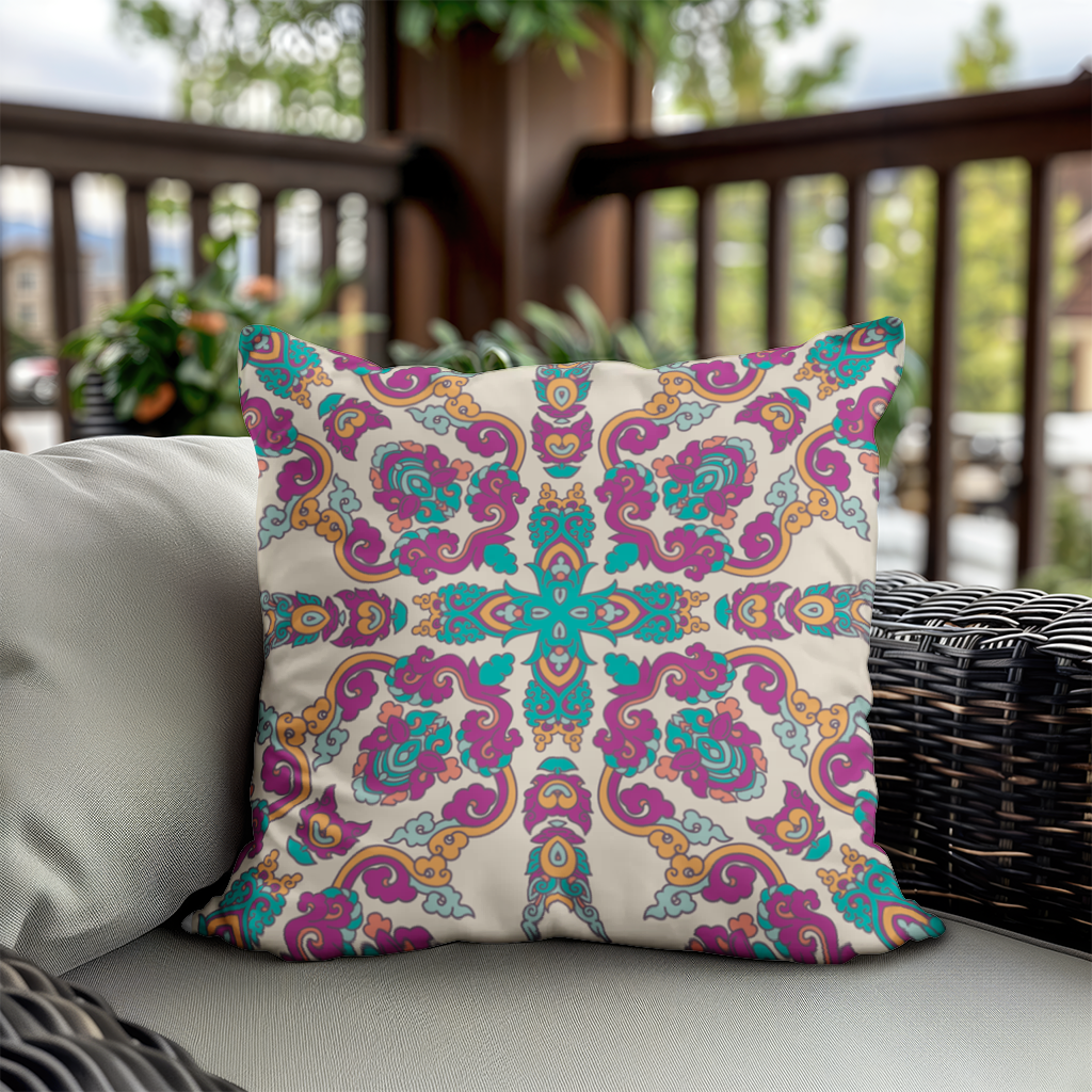 Renkli Oryantal Motifli Simetrik Mandala Deseni Dekoratif Kırlent Kılıfı