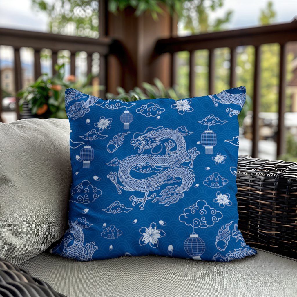 Traditional Dragon Pattern on Blue Background Decorative pillow cover