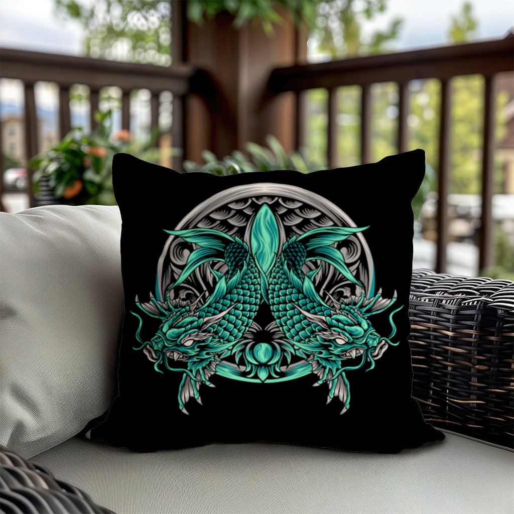 Turquoise Twin Dragon Emblem Design Decorative pillow cover