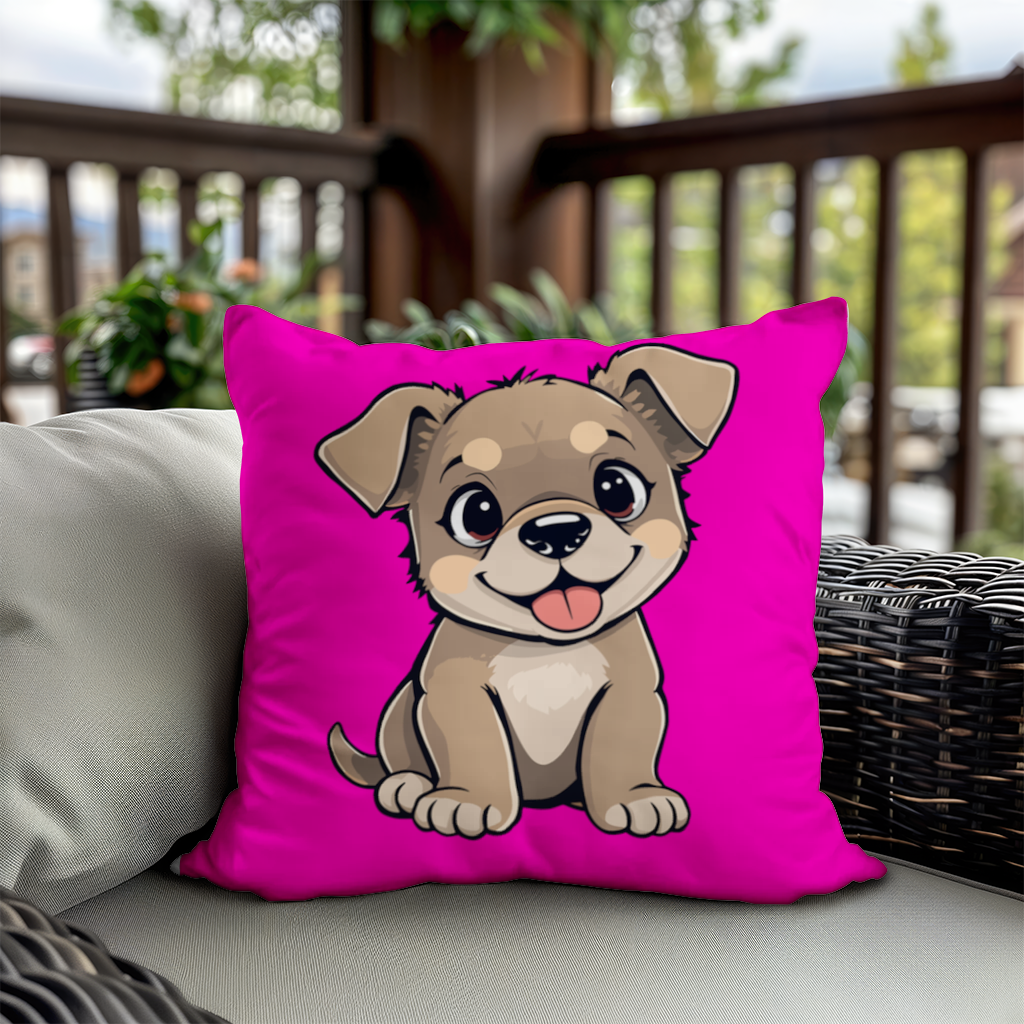 Pembe Arka Planlı Sevimli Köpek Çizimi Dekoratif Kırlent Kılıfı