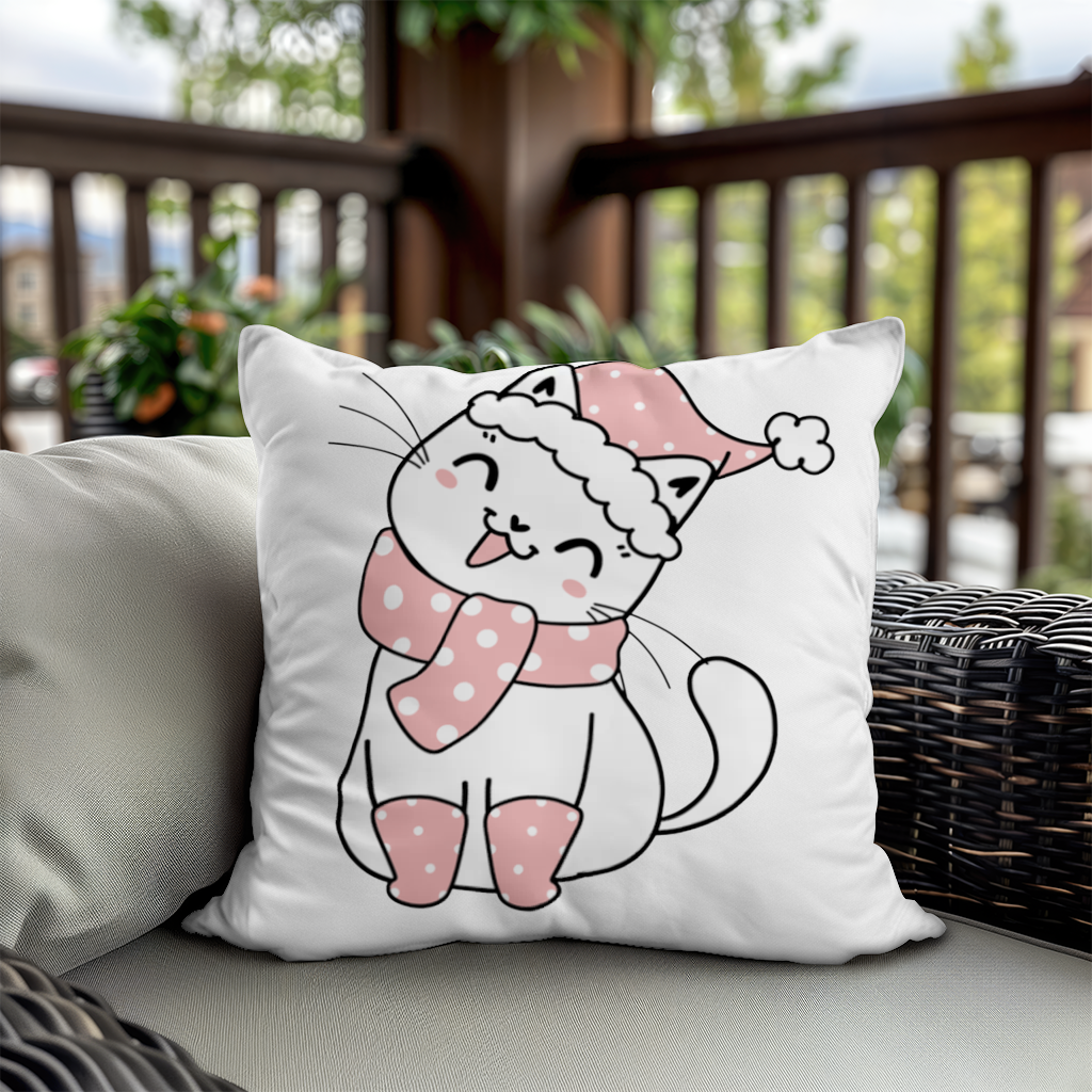 Sevimli Yılbaşı Kedisi Pembe Puantiyeli Çizim Dekoratif Kırlent Kılıfı