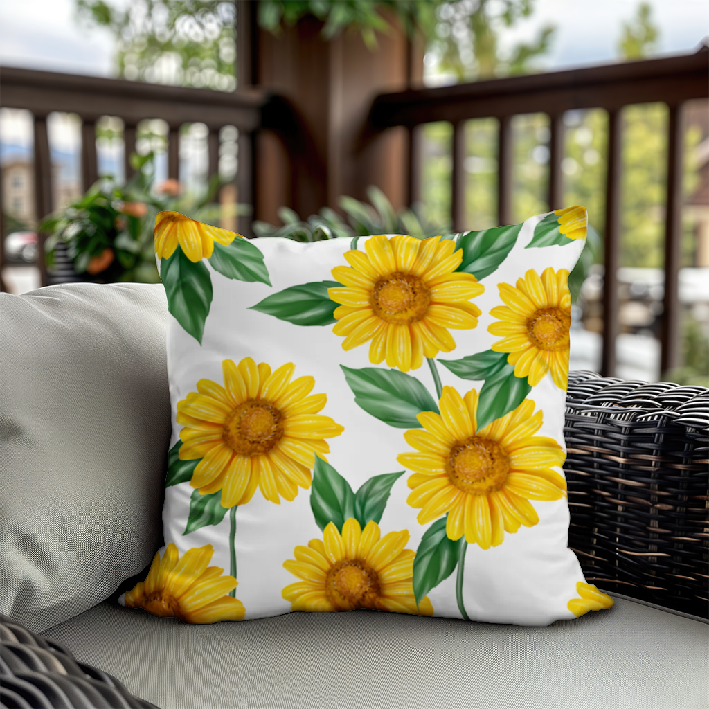 Vibrant Yellow Sunflower and Green Leaf Pattern Illustration Decorative pillow cover