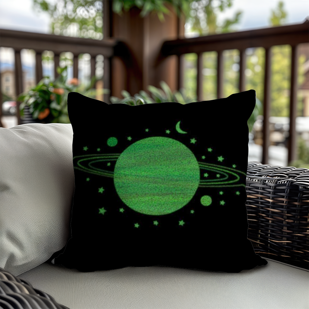 Green planets on a black background. Decorative pillow cover
