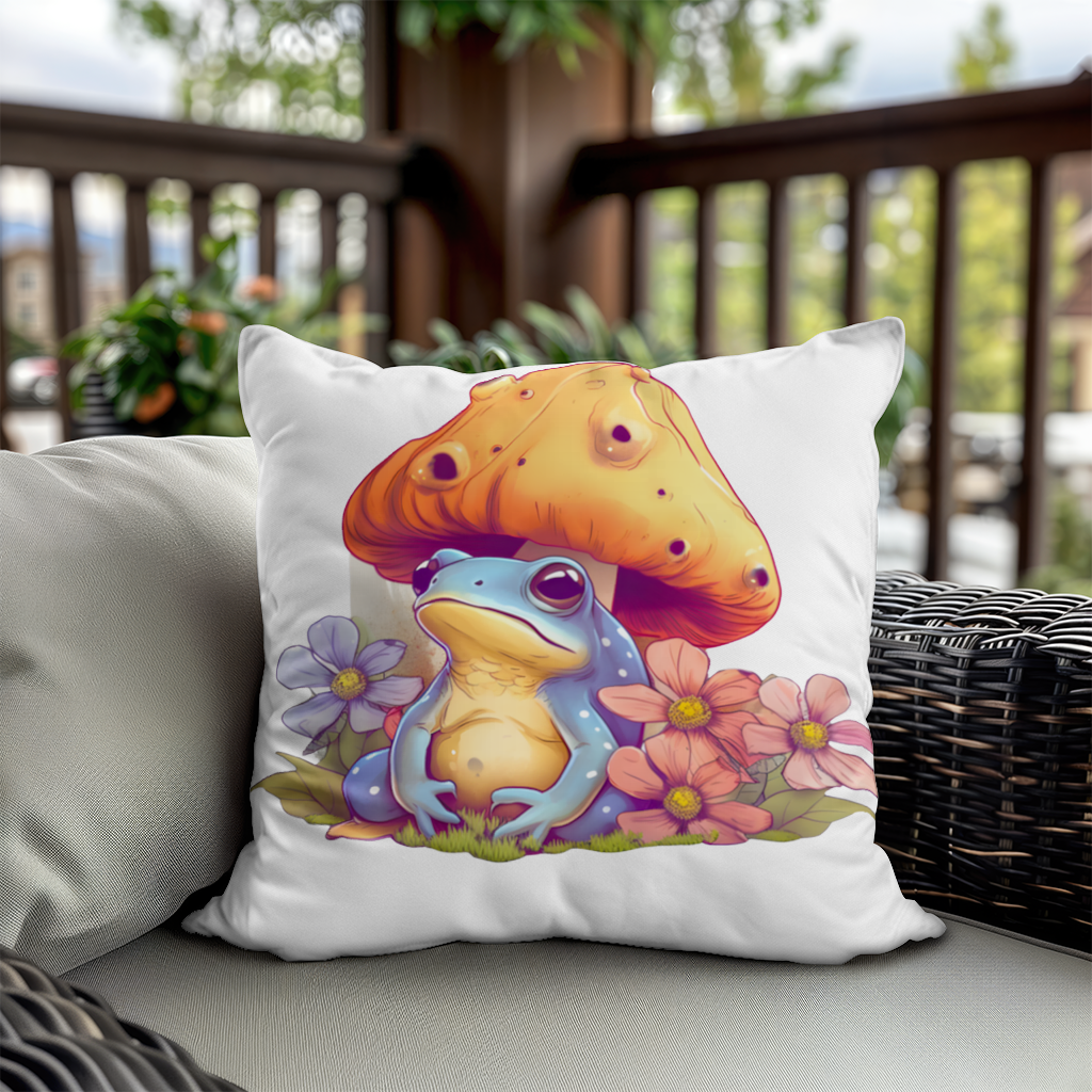 Blue Frog Resting Under Orange Mushroom Decorative pillow cover