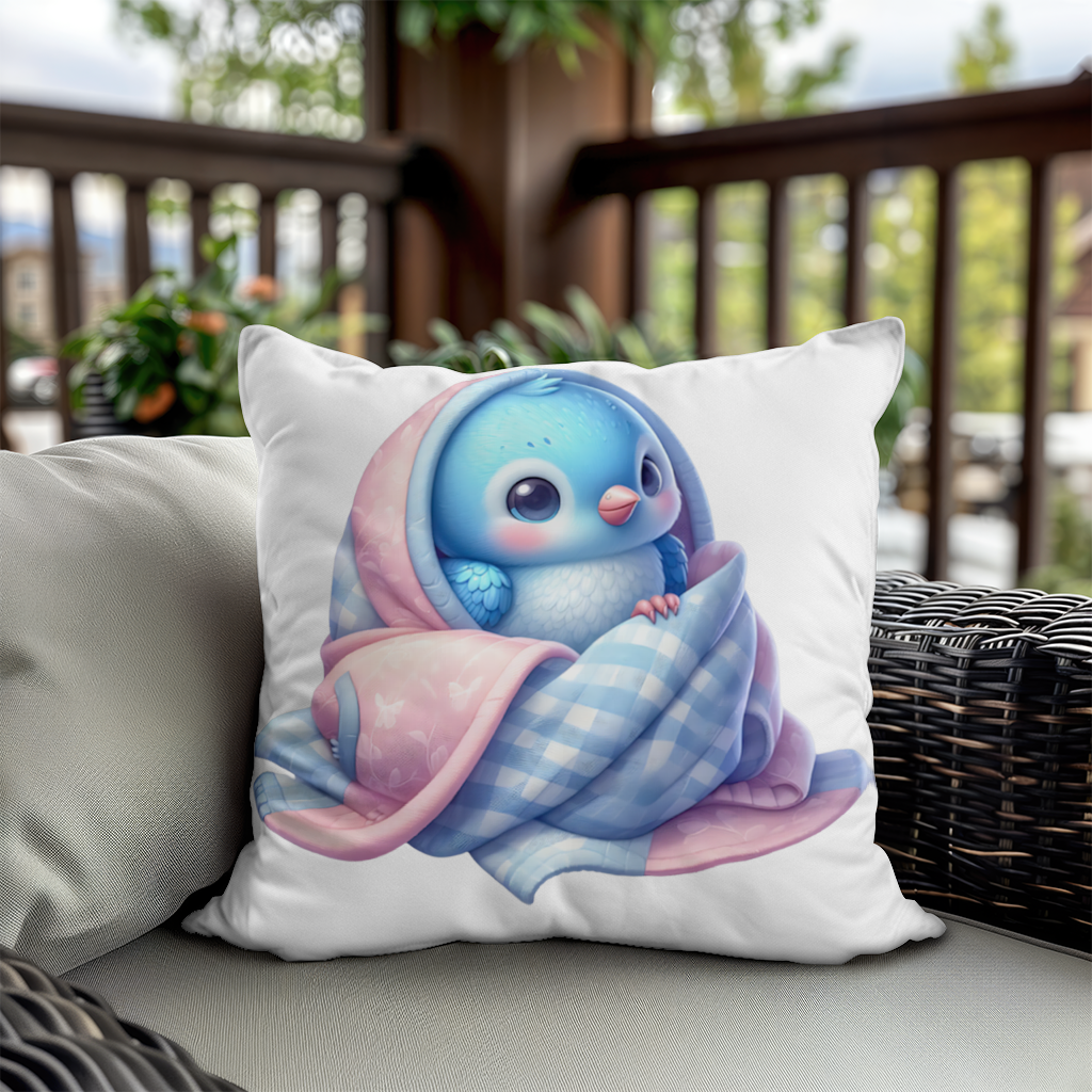 Kawaii Blue Bird in Blanket Decorative pillow cover