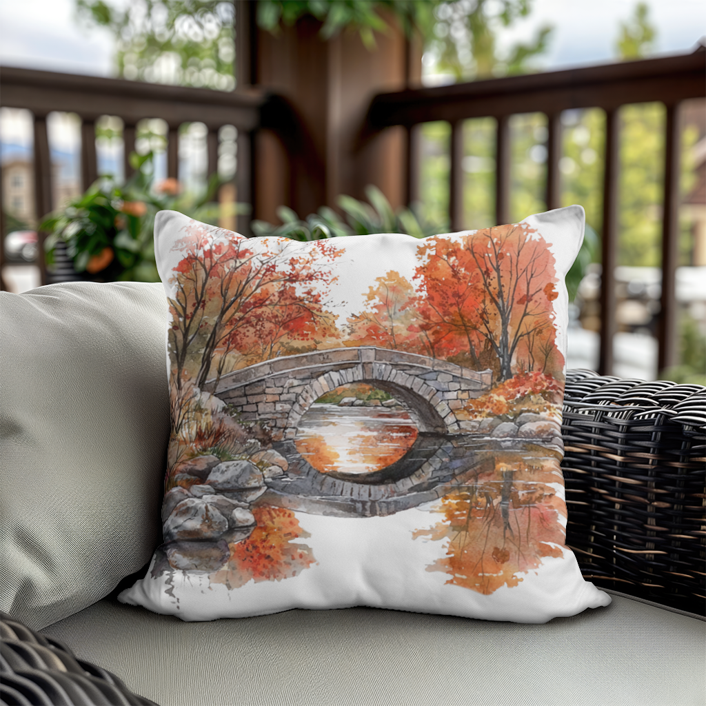 Autumn Stone Arch Bridge Over River Decorative pillow cover