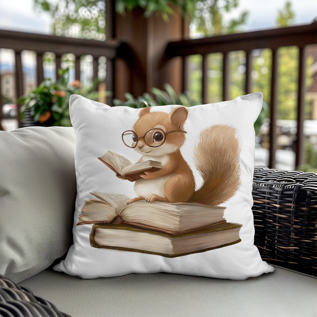 Scholarly Squirrel Reading on Book Stack Decorative pillow cover