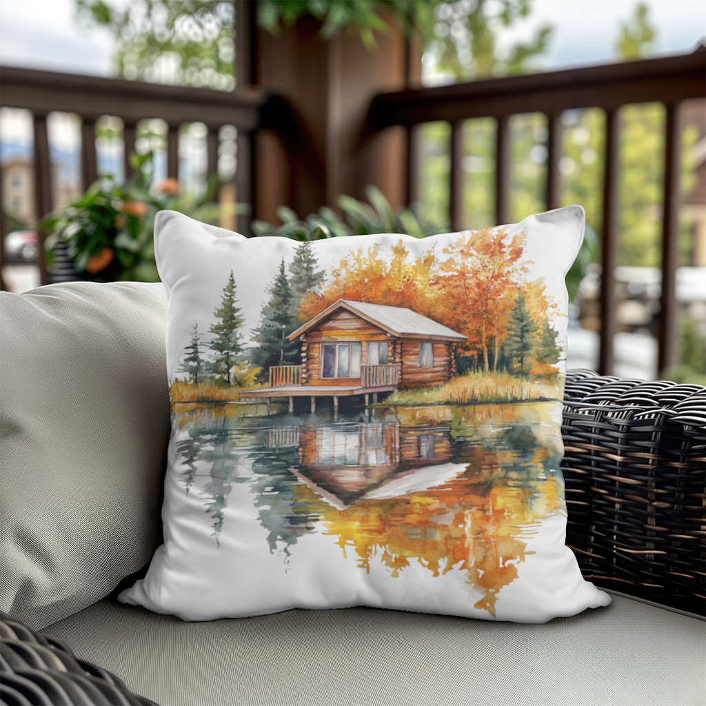 Lakeside Log Cabin Autumn Landscape Decorative pillow cover