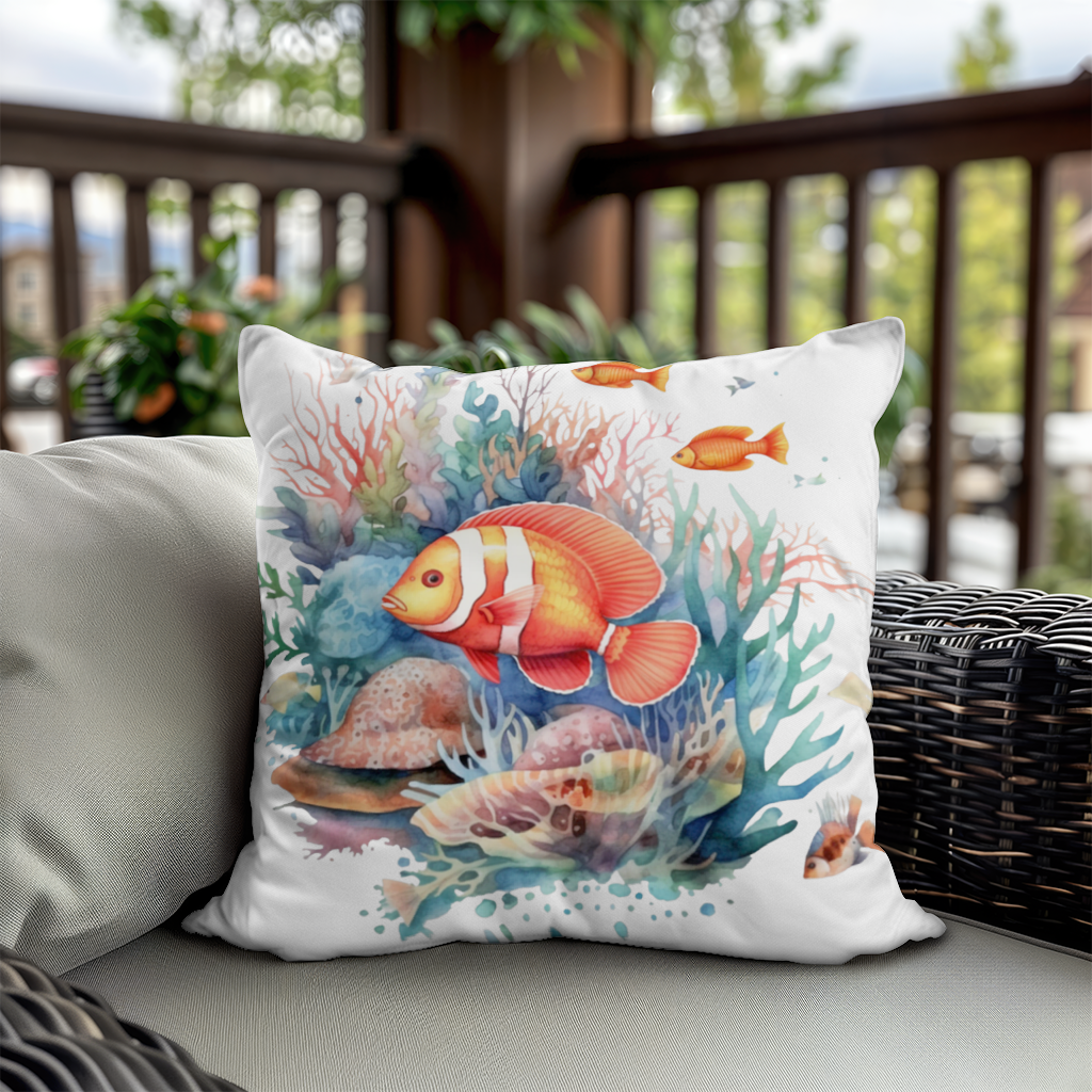 Watercolor Clownfish and Tropical Coral Reef Decorative pillow cover