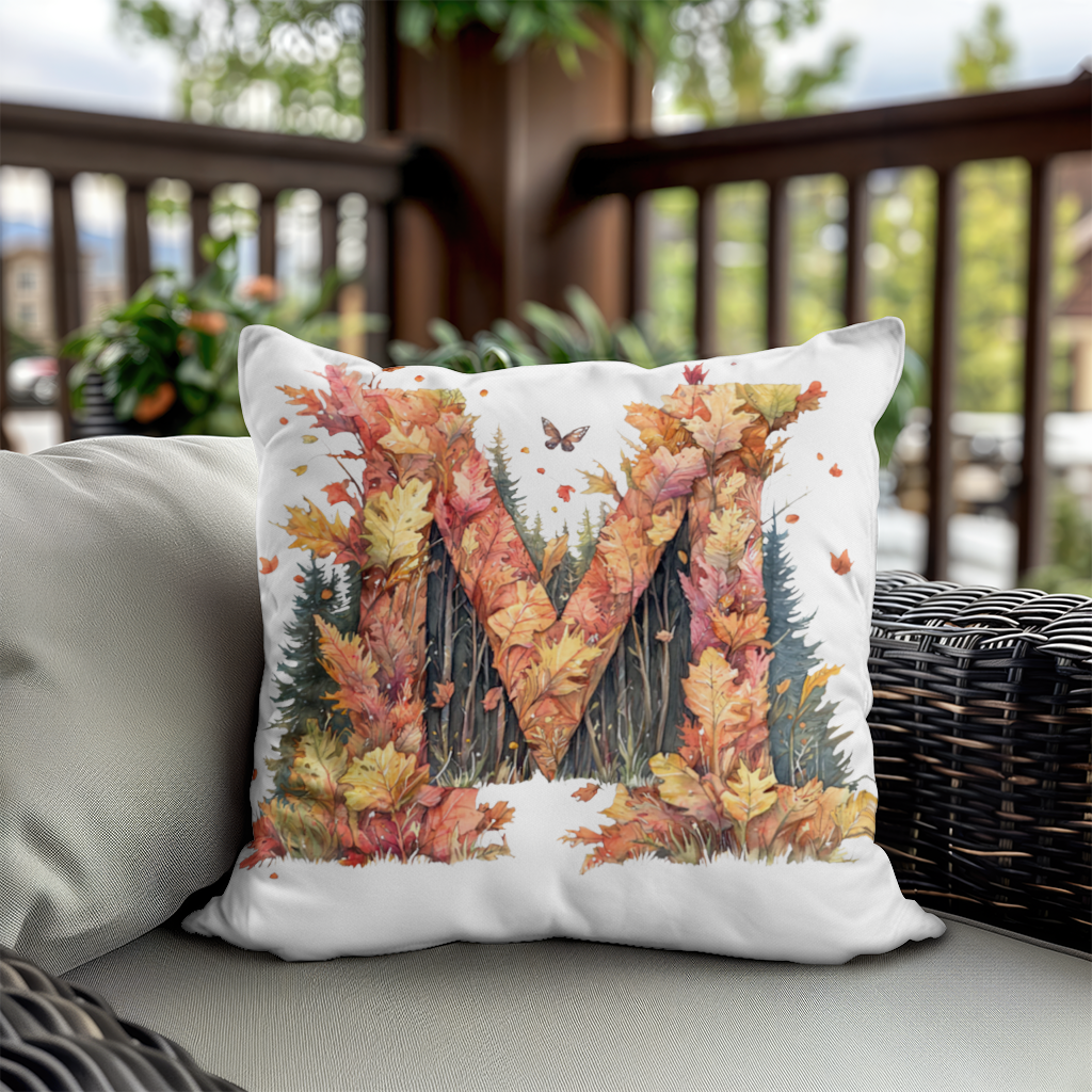 Autumn Letter M With Fall Leaves Decorative pillow cover