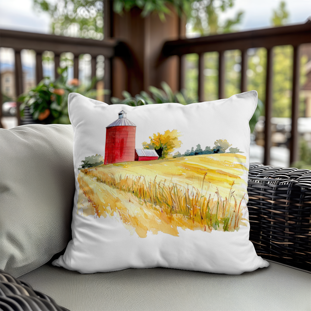 Kırmızı Silo ve Altın Buğday Tarlası Dekoratif Kırlent Kılıfı