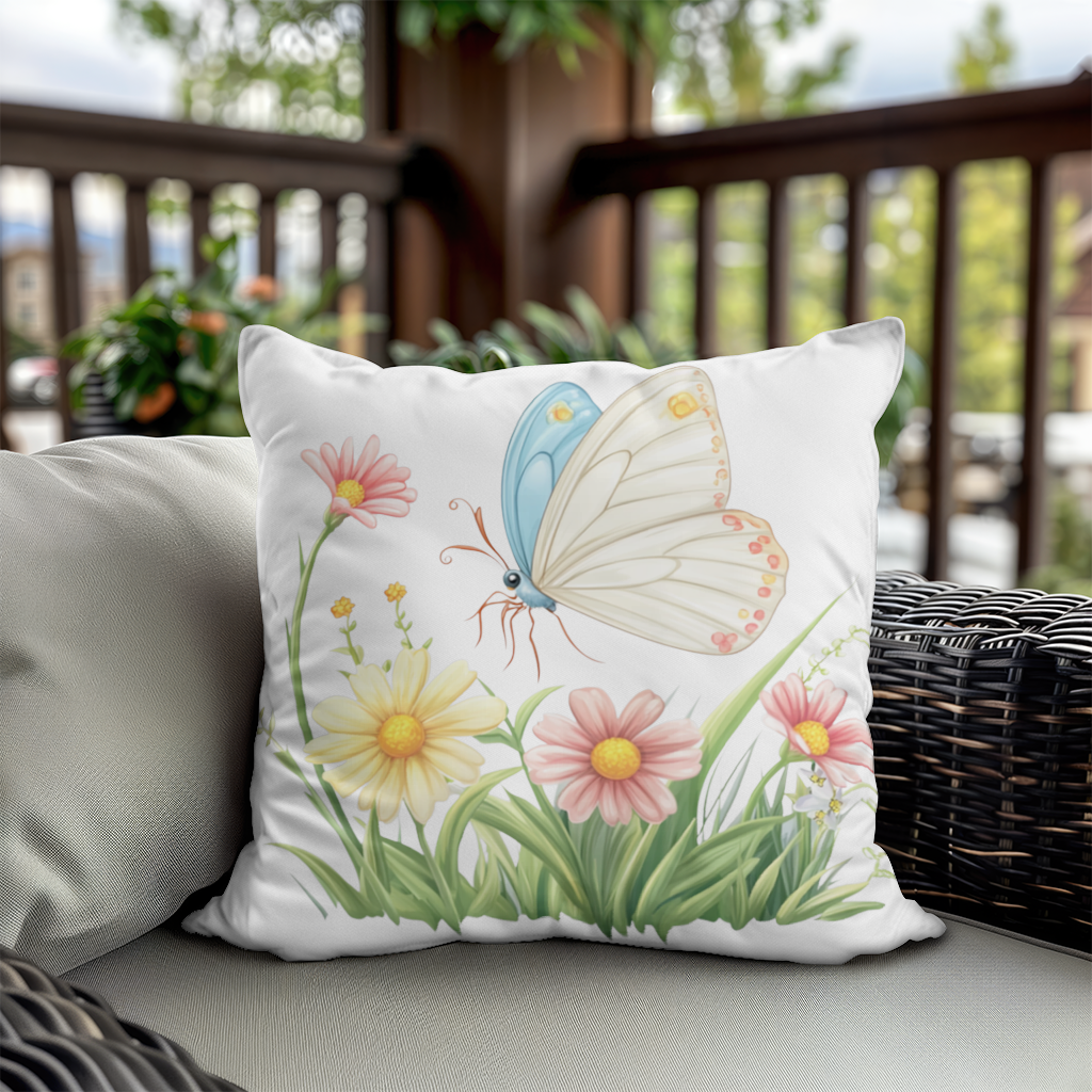Pastel Kelebek ve Kır Çiçekleri Bahçesi Dekoratif Kırlent Kılıfı