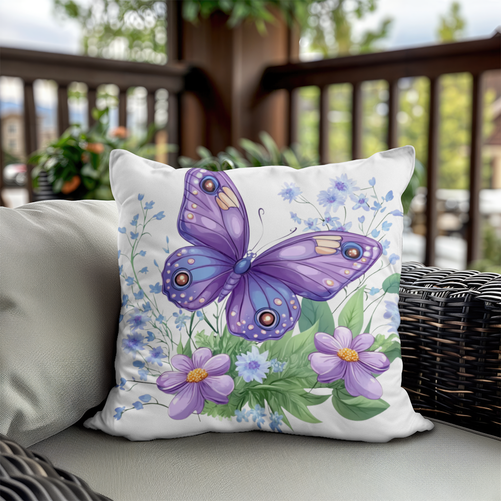 Mor Kelebek ve Mavi Kır Çiçekleri Dekoratif Kırlent Kılıfı