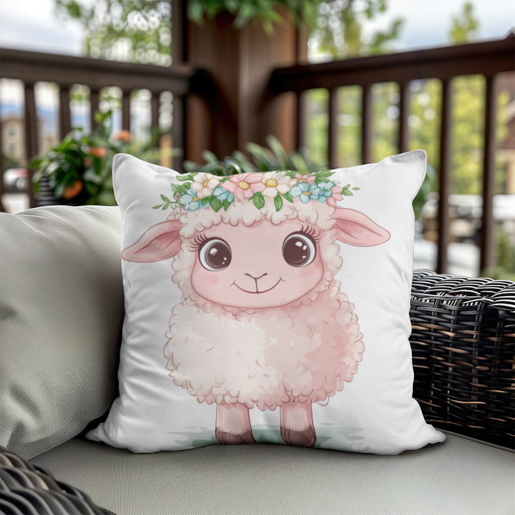 Kawaii Çiçek Taçlı Pembe Kuzu Dekoratif Kırlent Kılıfı