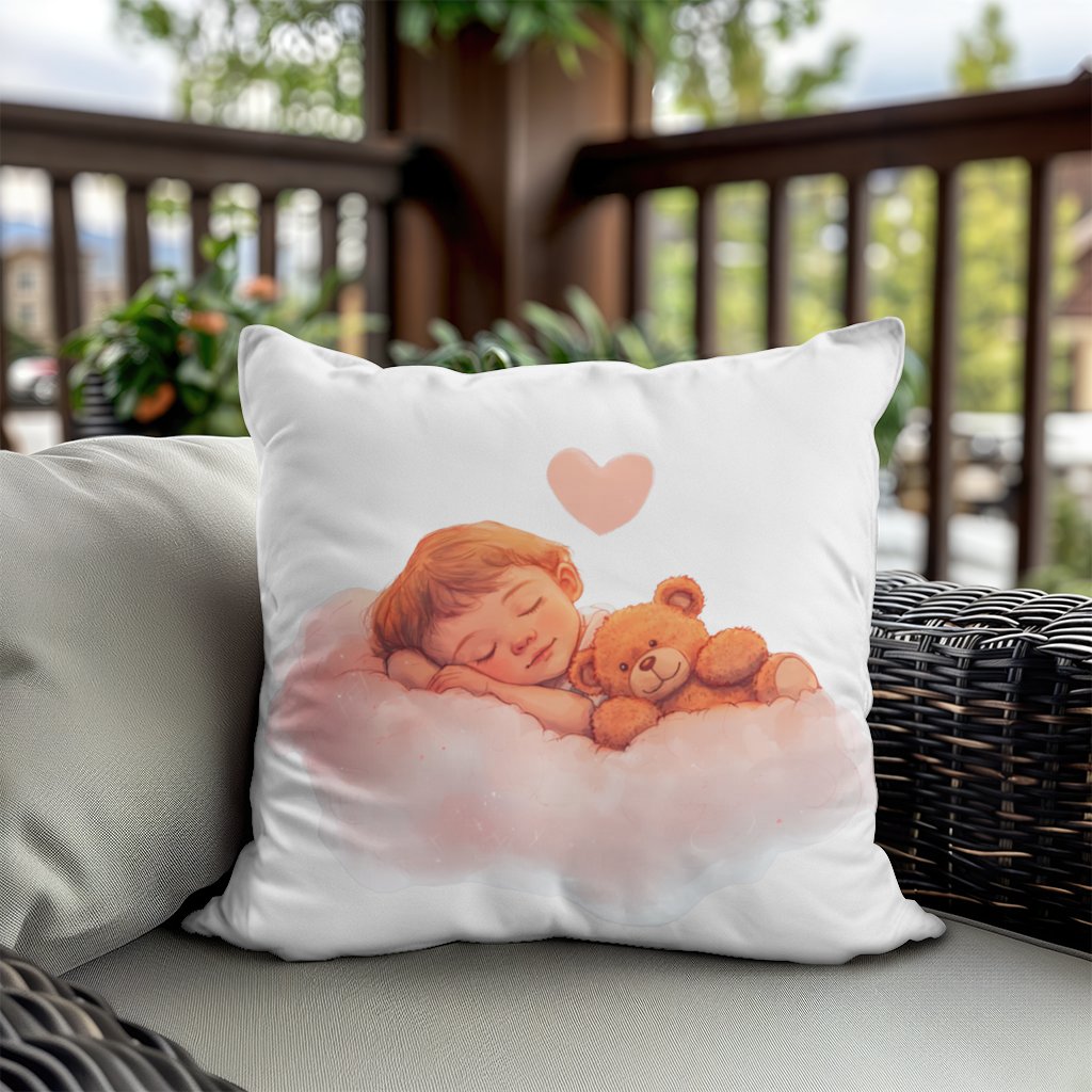 Bulut Üstünde Uyuyan Bebek ve Ayıcık Dekoratif Kırlent Kılıfı