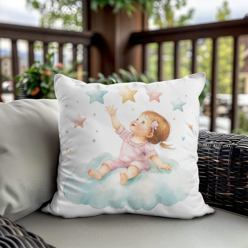 Bulut Üzerinde Yıldızlara Ulaşan Bebek Dekoratif Kırlent Kılıfı