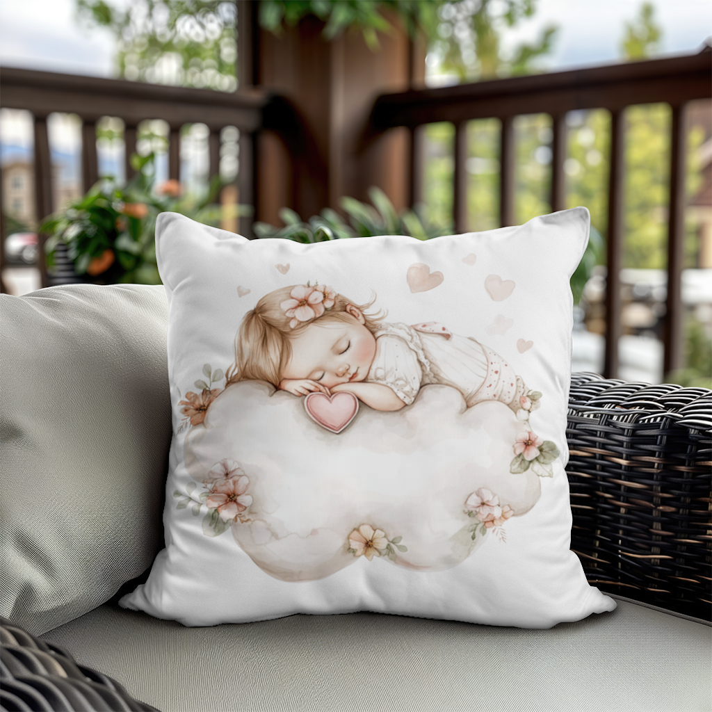 Bulut Üstünde Uyuyan Çiçekli Bebek Dekoratif Kırlent Kılıfı