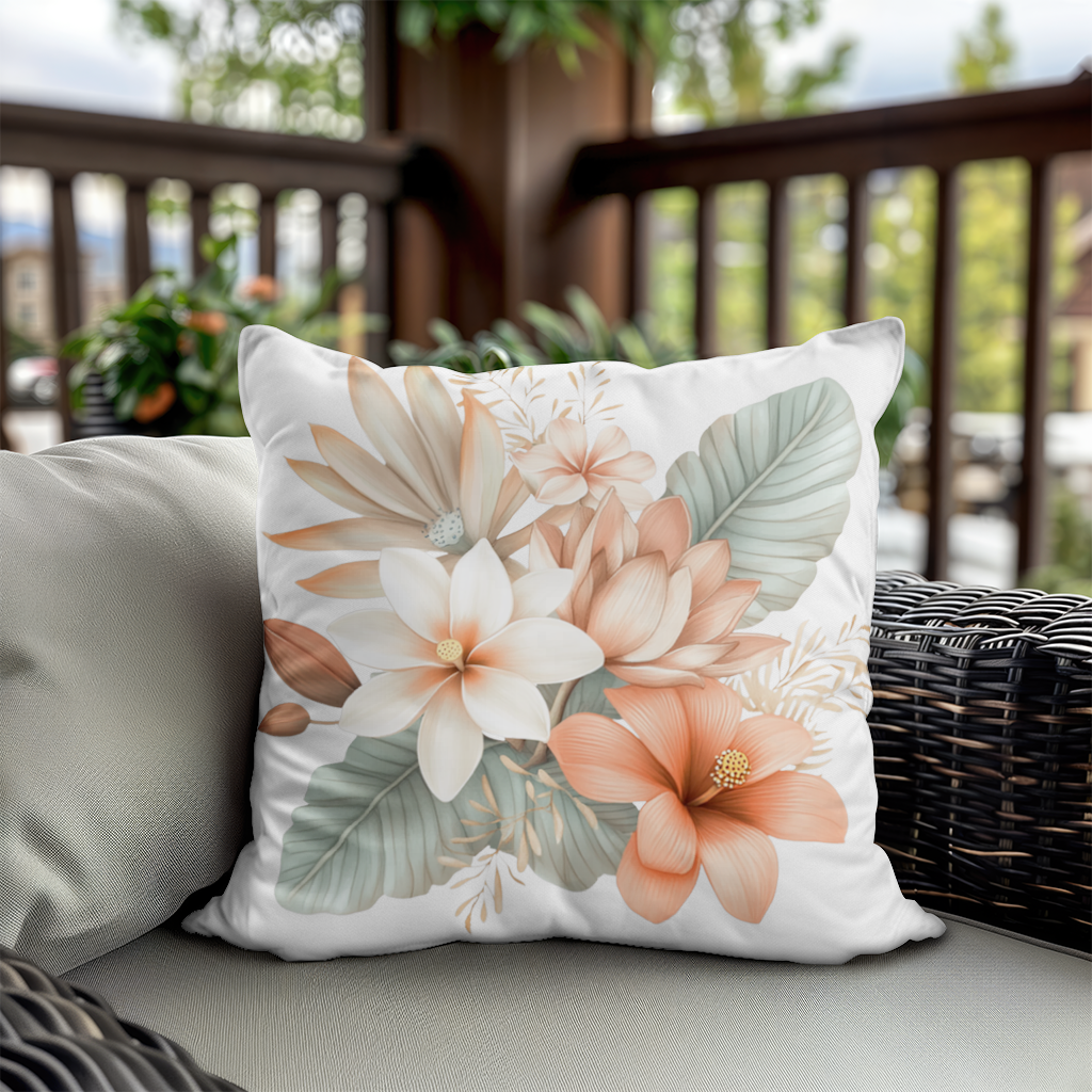 Şeftali Tonlu Tropikal Çiçek Buketi Dekoratif Kırlent Kılıfı